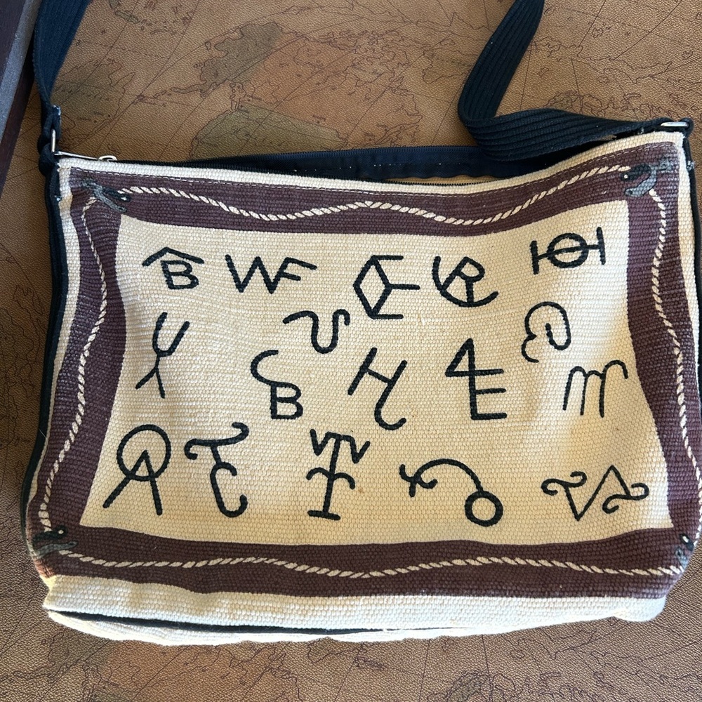 Canvas Shoulder Bag with Black Symbols